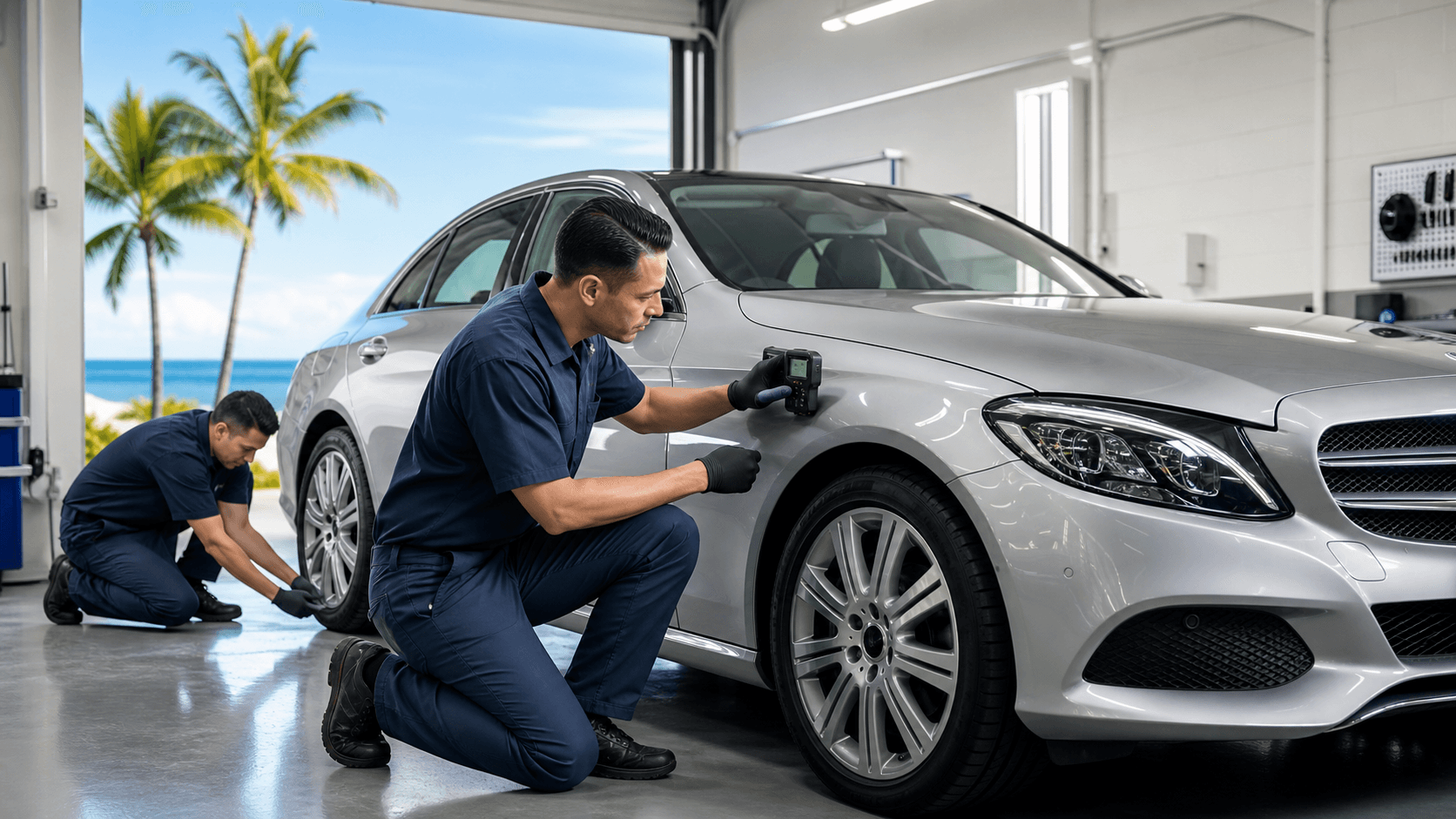 Silver luxury sedan in a bright repair bay, with palm trees and ocean-blue sky visible through open doors.