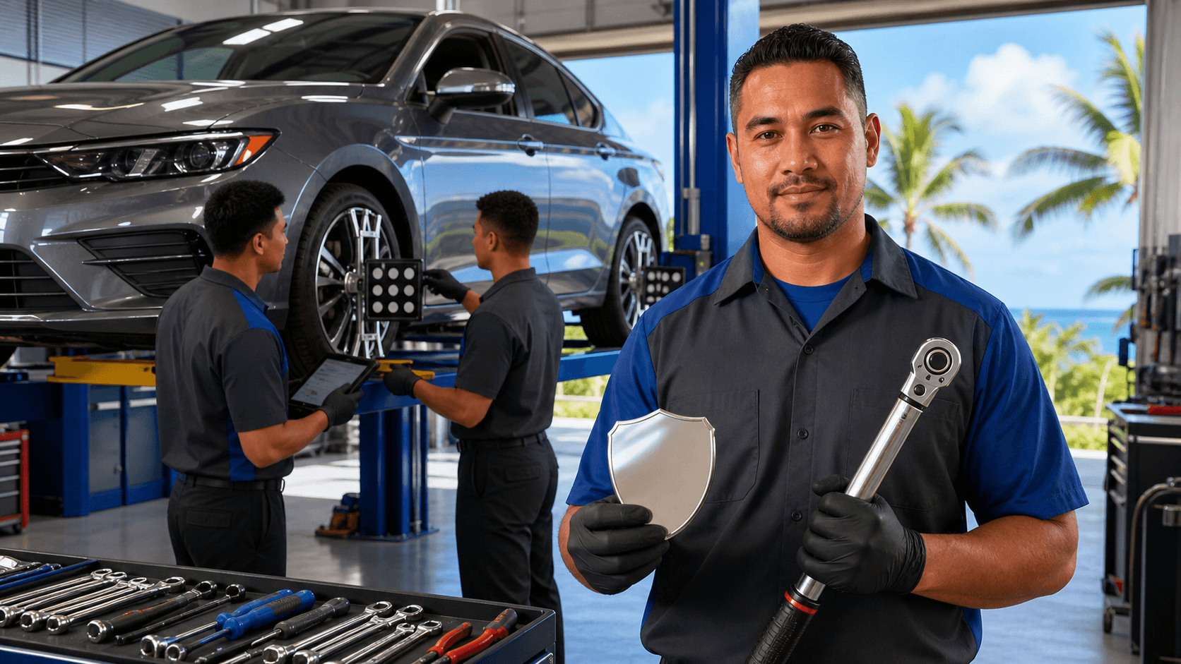 Tropical auto repair shop with a damaged car on a lift, mechanics in blue uniforms, palm trees in bright daylight.