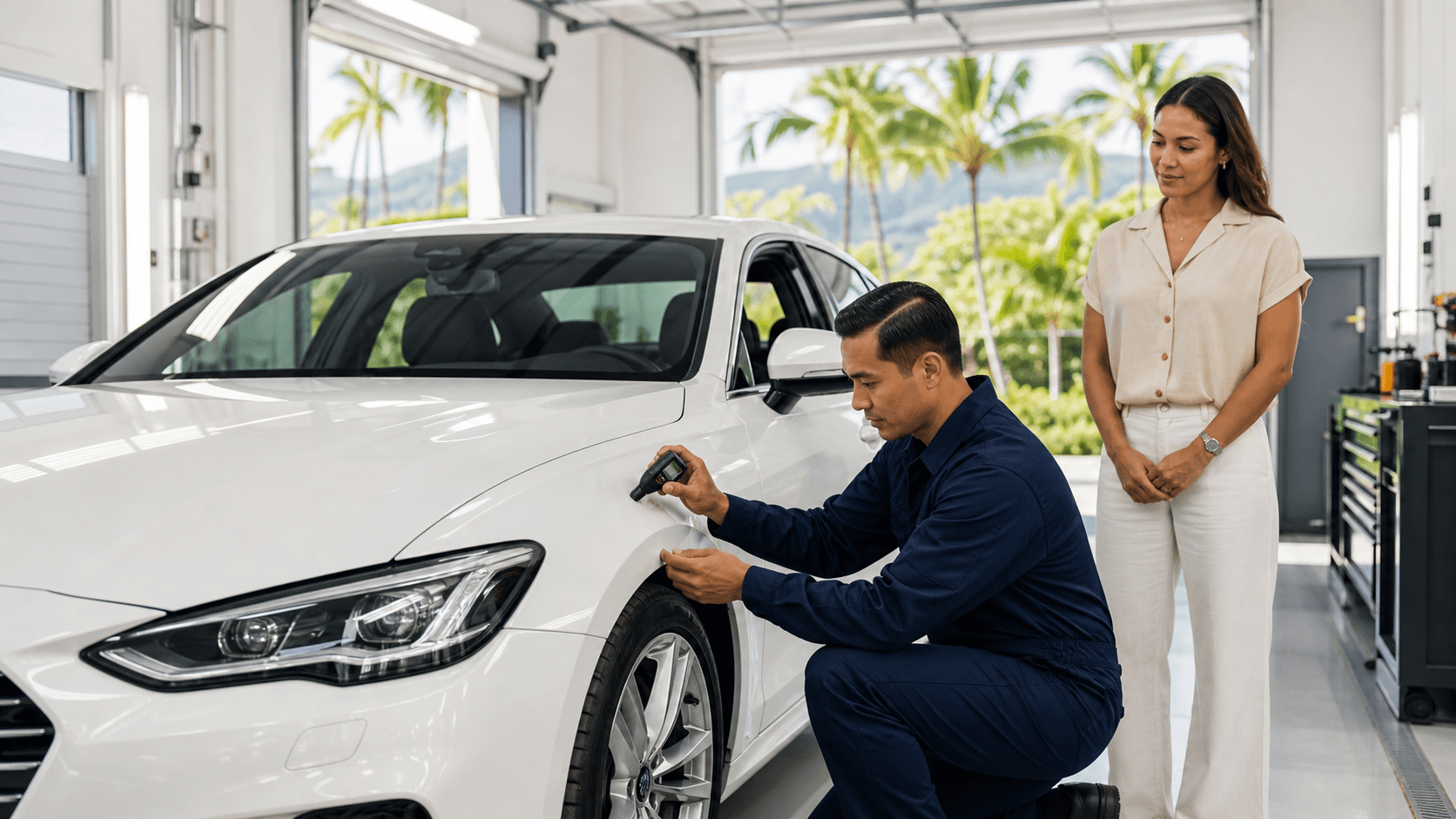 Black luxury sedan parked outside a modern Hawaii auto body shop beneath palm trees and bright blue skies