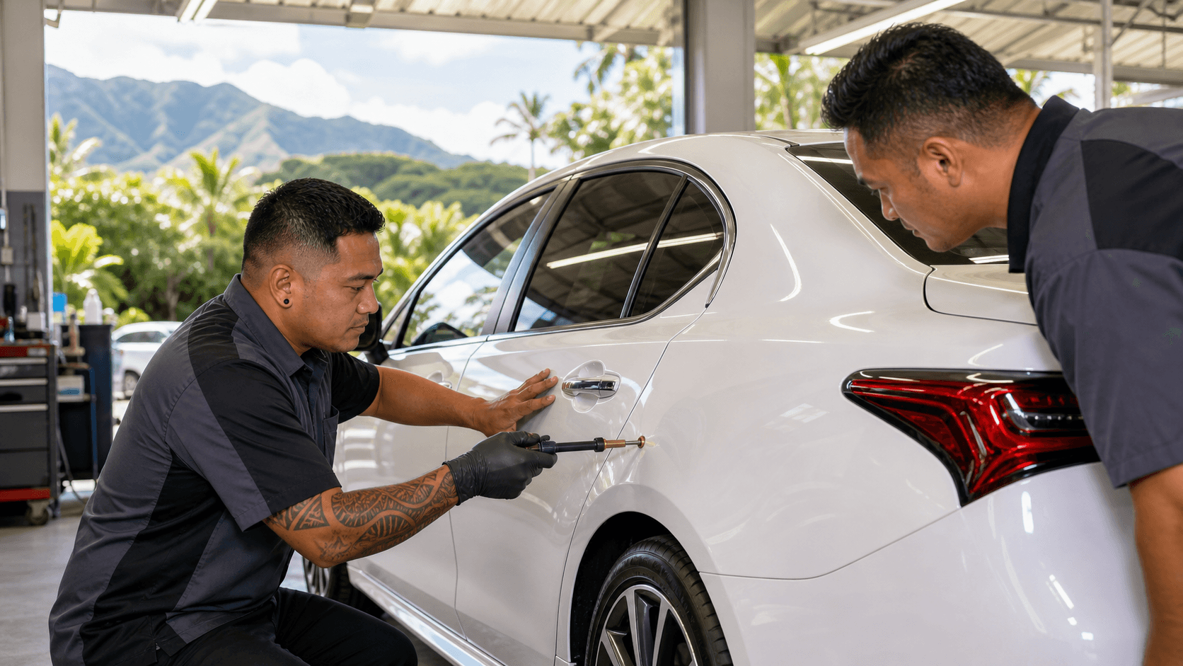 Technician repairs a silver car door dent under bright shop lights in a clean auto body garage.