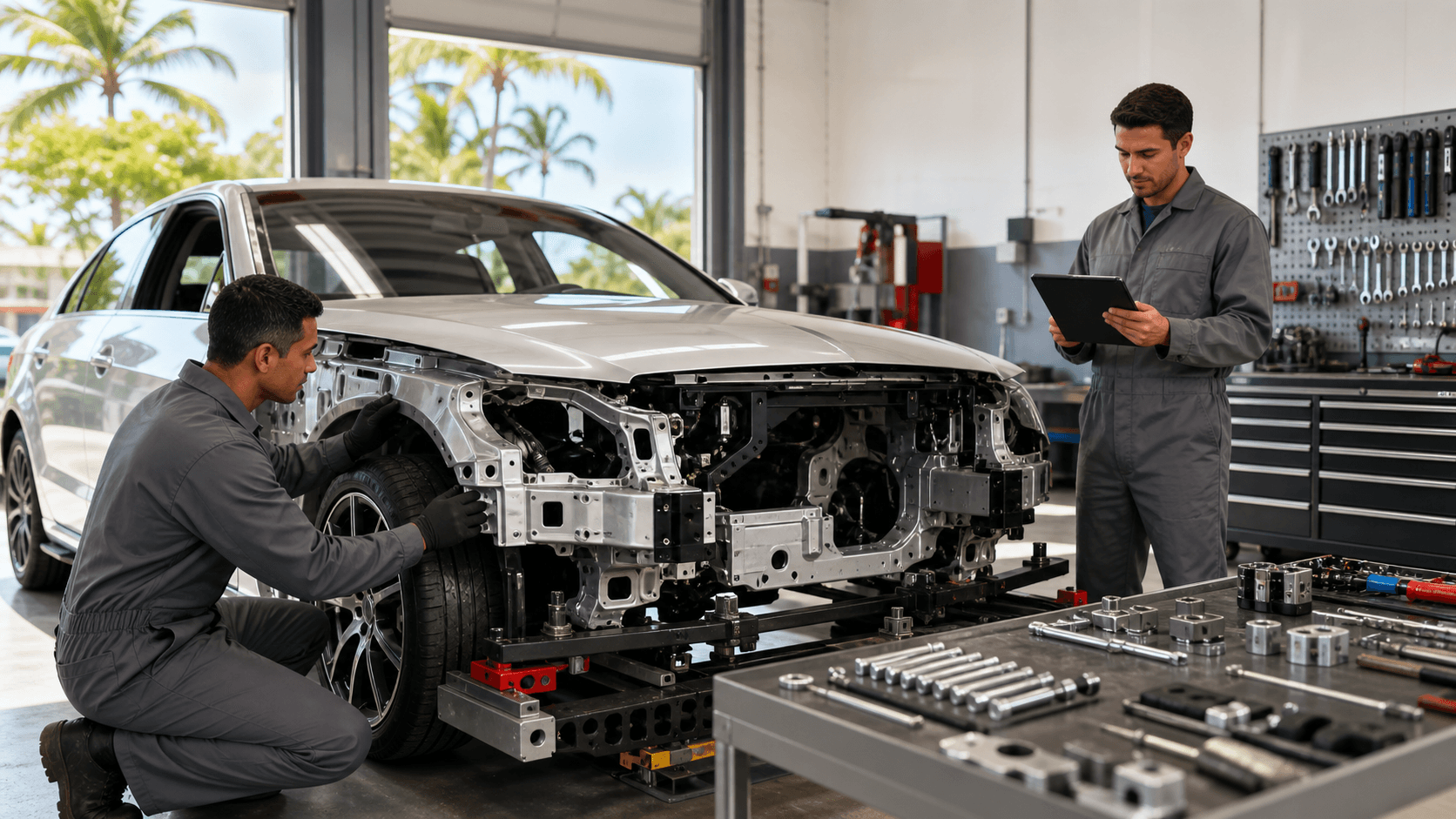 Silver Mercedes sedan in a bright repair shop beside a diagnostic tablet and neatly stacked service manuals.